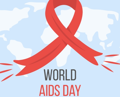 World Aids Day Banner With Red Ribbon On World Map On Background